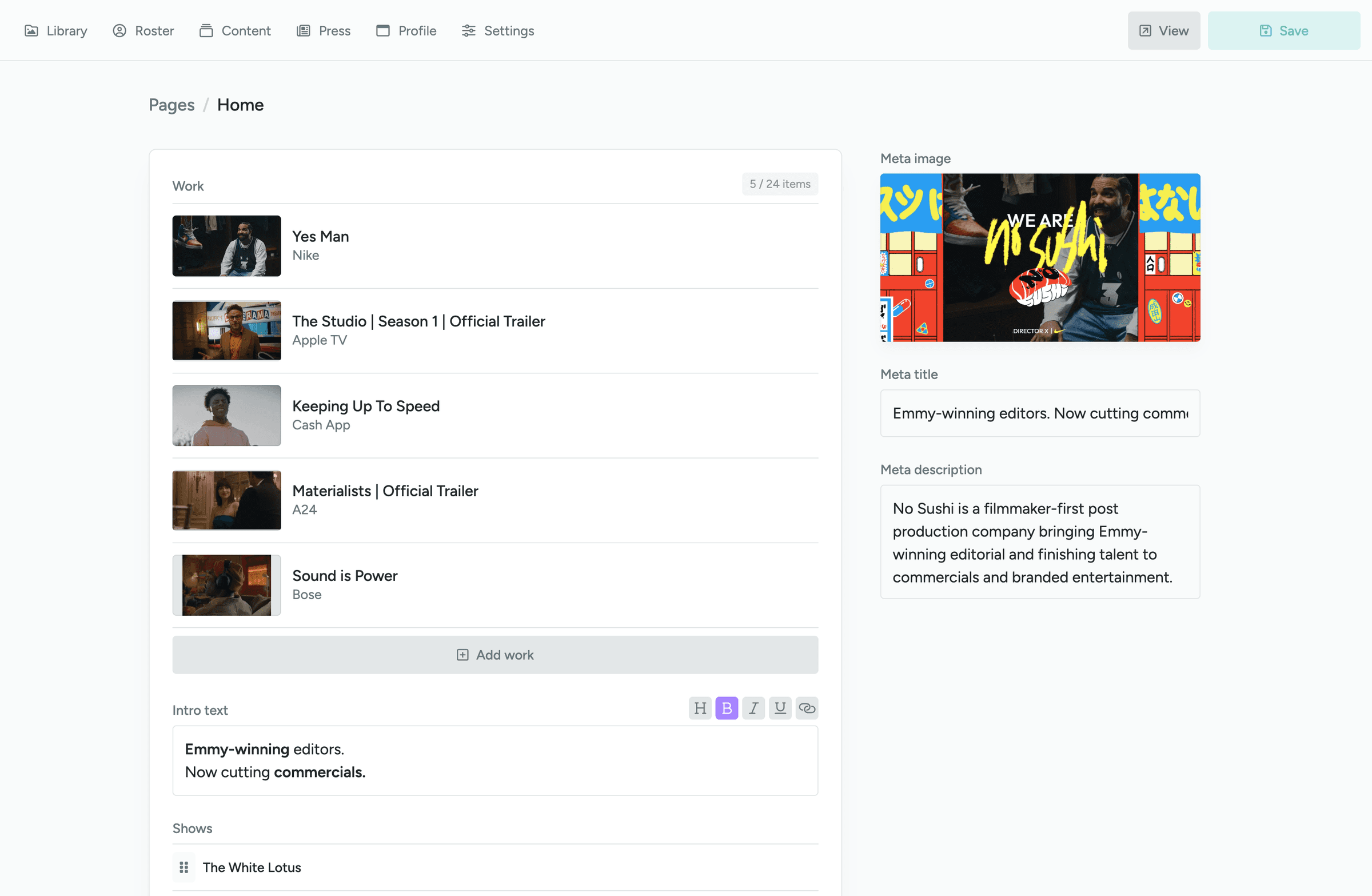 Eyeballs CMS home page editor