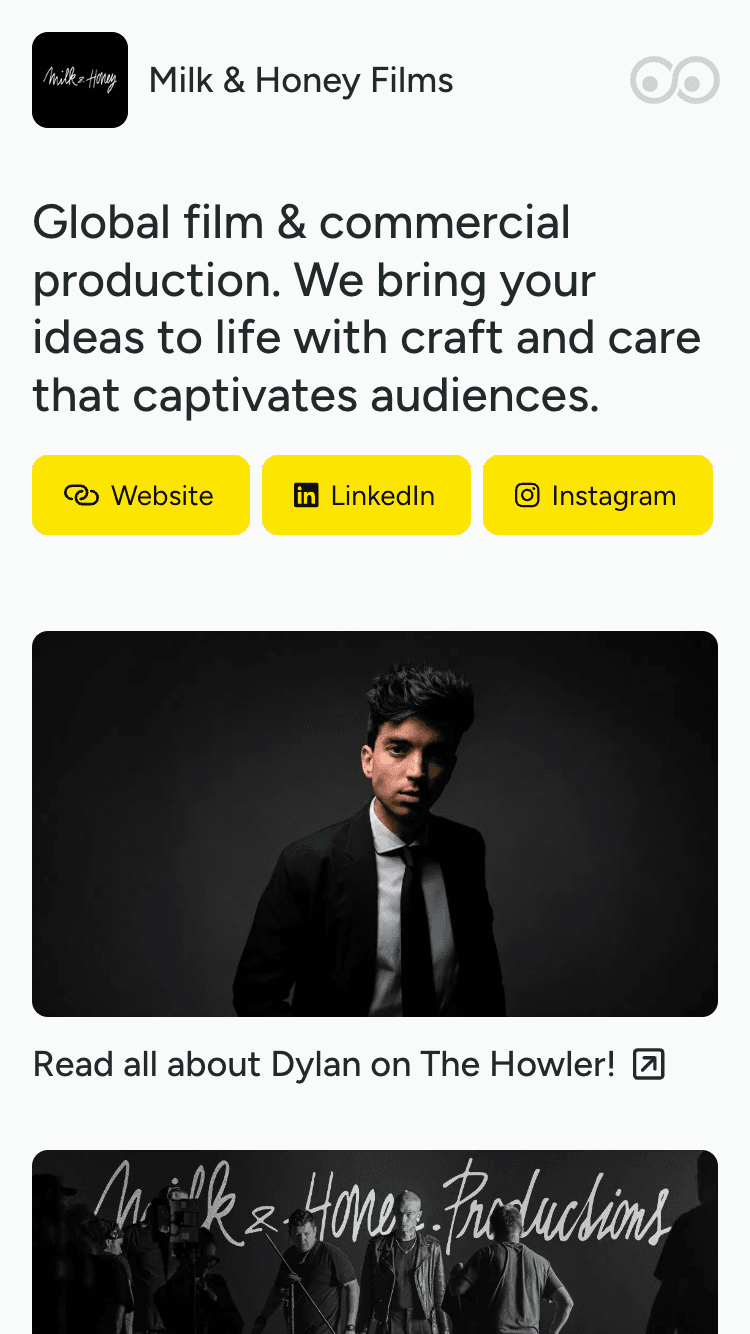 Mobile profile with featured links and articles